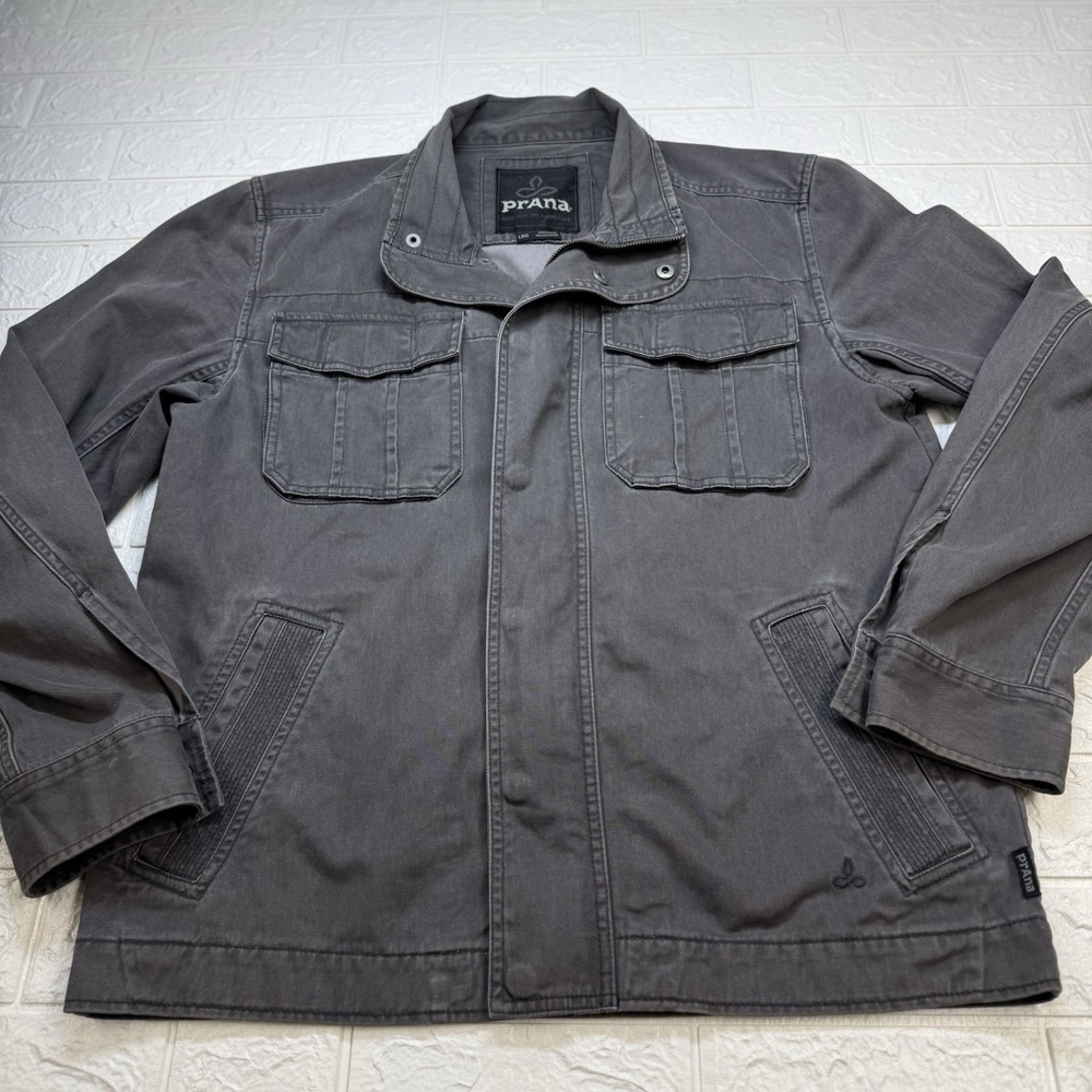 prAna Mens Large Organic Cotton Canvas Military Trucker Jacket Gray Zip Button